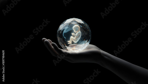 A delicate human fetus floats within a luminous multifaceted crystal sphere, gently cradled by an open palm, symbolizing life, potential, and the future.