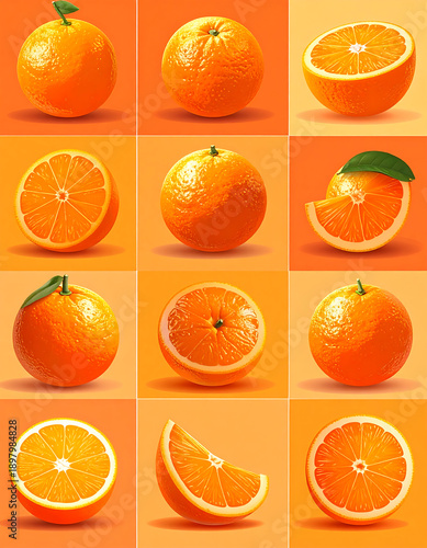 Grid of vibrant oranges whole, halved, and sliced against bright orange backgrounds