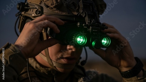 Soldier in khaki clothes adjusting night vision goggles at night, close up. Military night operations or surveillance