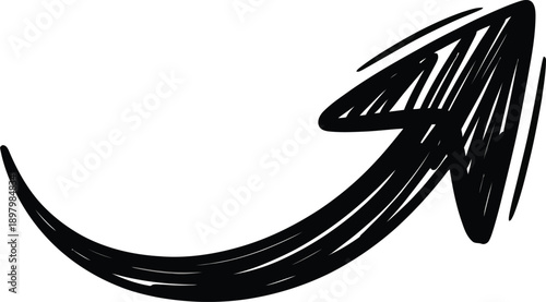 Rising arrow doodle icon, curved hand drawn growth arrow for increase, trend and business analytics design