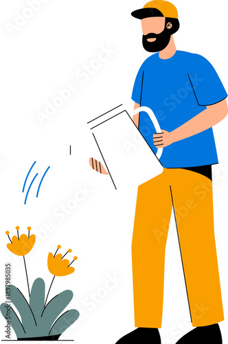 Man Watering Flower Vector Illustration