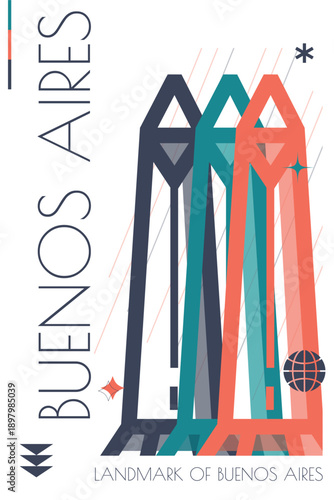 Buenos Aires landmark poster in retro futurism style. Vintage printable vector cover, postcard, illustration. Futuristic, halftone Argentina city art with iconic monument, building