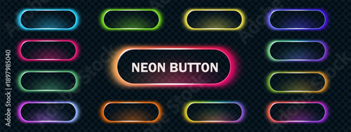 Bright neon 3d light box buttons with gradient mix of red, pink and yellow tones for dynamic call action design. These neon call action shapes look bold and glowing.