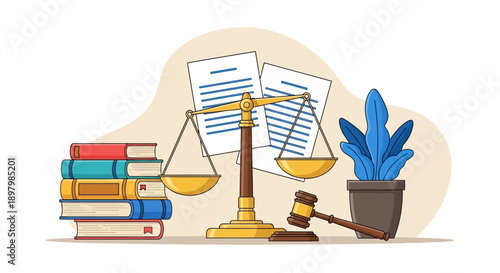 Flat lay of law books, scales of justice, and gavel on a desk with a potted plant against a neutral background.