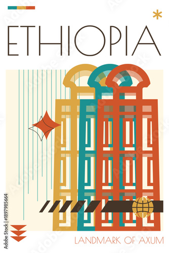 Ethiopia landmark poster in retro futurism style. Vintage printable vector cover, postcard, illustration. Futuristic, halftone Axum city art with iconic monument, obelisk