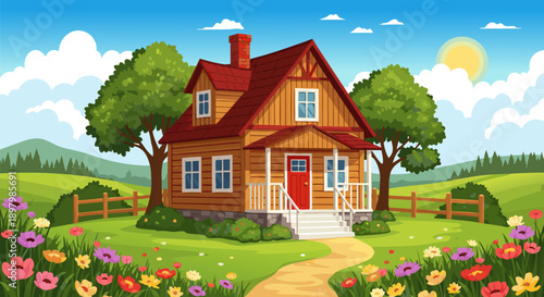 Charming wooden house in a sunny meadow with blooming flowers and green trees, vector illustration