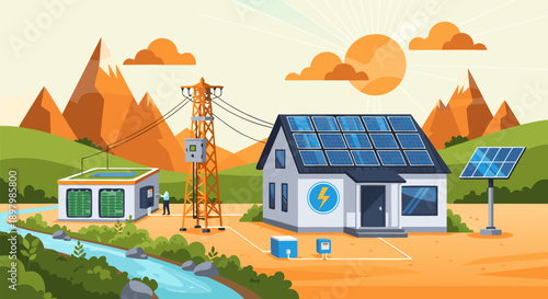 Vector illustration of a sustainable energy ecosystem with solar panels and a hydro power generator in a natural landscape