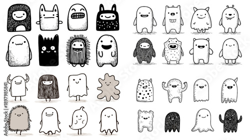 Cute cartoon monster characters in black and white with simple shapes and friendly expressions. Minimal doodle creatures perfect for kids coloring comics and illustration sets.