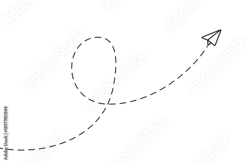 Black and white paper airplane illustration with flight path
