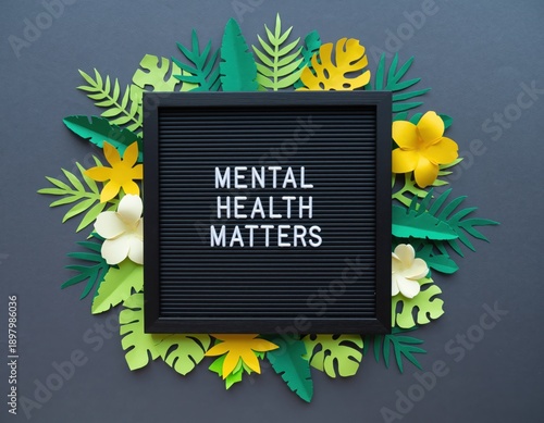 Mental health matters sign with colorful tropical leaves and flowers arrangement