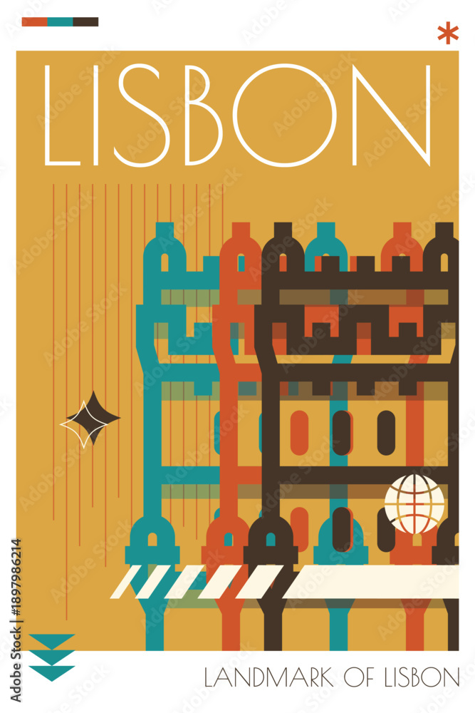 Naklejka premium Lisbon landmark poster in retro futurism style. Vintage printable vector cover, postcard, illustration. Futuristic, halftone Portugal city art with monument, tower