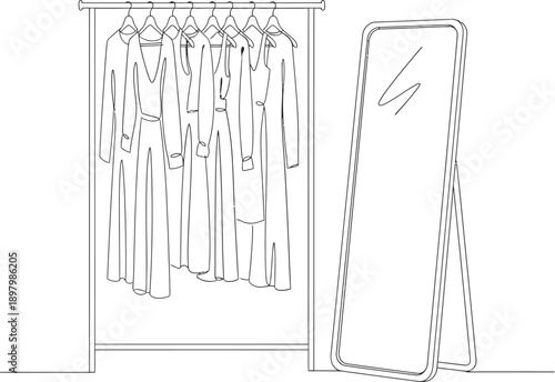 Continuous one line of a clothing boutique rack with hanging clothes and a mirror, fashion retail, drawn vector illustration.