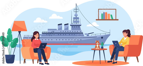 Two women working on laptops near a ship, with a dog and plants