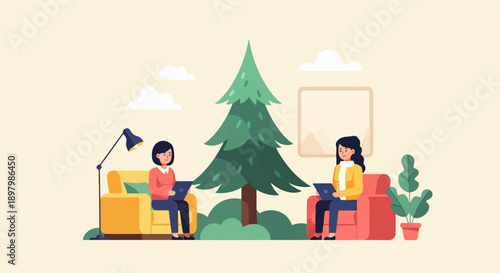 Two women working on laptops near a tree and couch