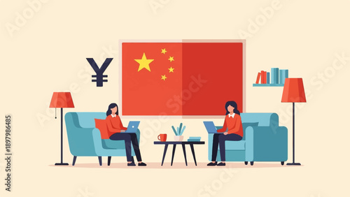 Two women working on laptops on couches, China flag, yen symbol