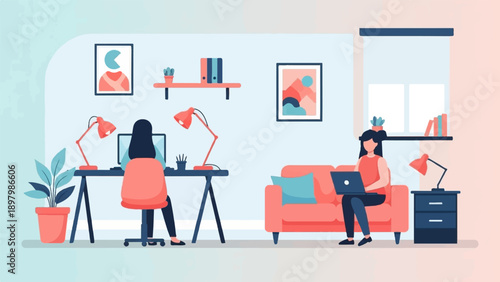 Two women working remotely in a cozy, modern living space with decor