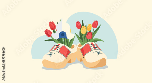 Two wooden shoes overflowing with colorful tulips on a light background