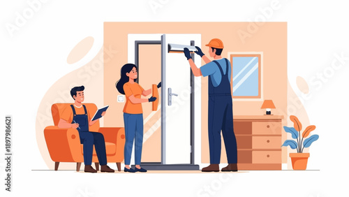 Two workers install a door, one records details, woman supervises