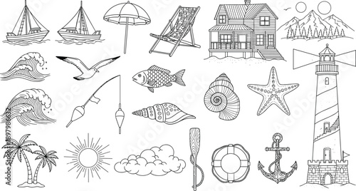 Beach and seaside line icons collection, boat lighthouse waves shell anchor sun, minimal vector outline illustration set for travel design