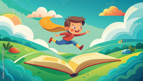 Child Flying on Book Vector Illustration