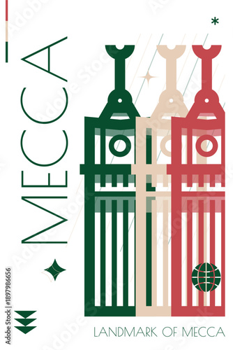 Mecca landmark poster in retro futurism style. Vintage printable vector cover, postcard, illustration. Futuristic, halftone Saudi Arabia city art with monument, tower
