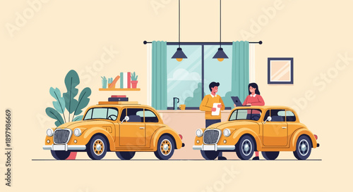 Two yellow vintage cars in a room with people and plants