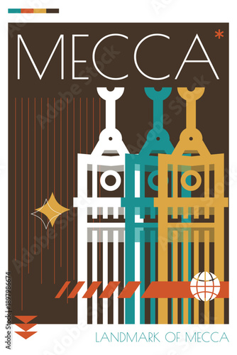 Mecca landmark poster in retro futurism style. Vintage printable vector cover, postcard, illustration. Futuristic, halftone Saudi Arabia city art with monument, tower