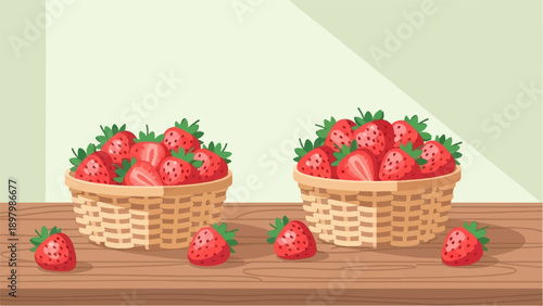 Two woven baskets overflowing with ripe strawberries, some sliced, on a wooden surface
