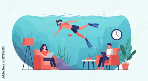 Underwater diver swims above people working on laptops indoors