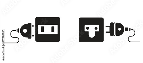 Electrical outlet icon with plug. Connection error 404 concept. Electrical plug and disconnected outlet icon. Power breaker cable, isolated on white background, vector illustration.

