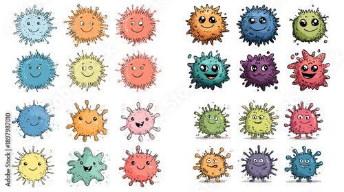 Cute colorful cartoon virus characters set with funny faces and different expressions. Friendly germ illustrations perfect for kids education health design science and playful projects.