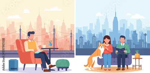 Urban leisure reading indoors with city skylines visible