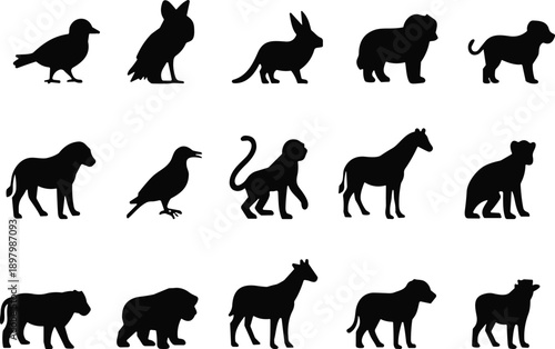 Black animal silhouettes collection, wild and domestic mammals and birds icons, vector illustration set, isolated shapes for design, education, logos