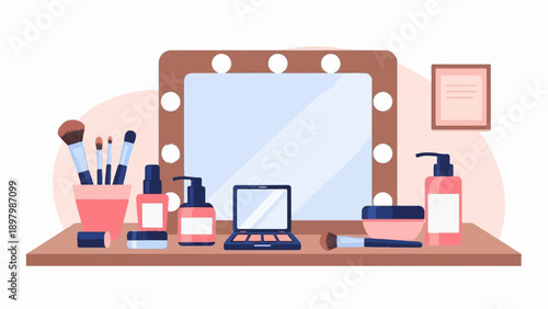 Vanity mirror with makeup brushes, lotions, and compacts displayed