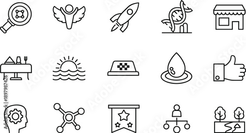 Business and startup line icons collection, innovation rocket success growth strategy, minimal vector outline illustration set for web design