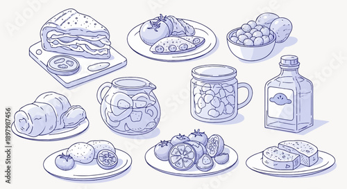 Various food items and containers rendered in a blue sketch style