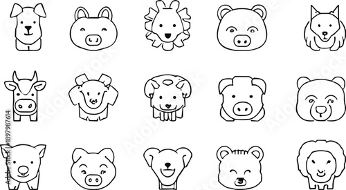 Animal face line icons set, cute farm pet and wildlife heads, pig dog cow sheep vector outline illustration, minimal cartoon