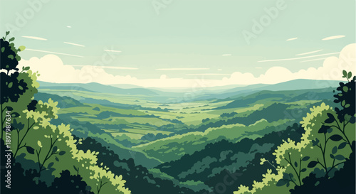 Verdant rolling hills under a soft sky, framed by lush foliage