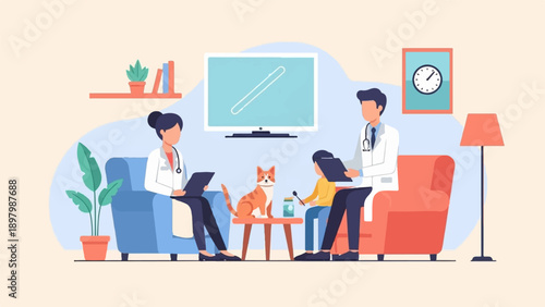 Veterinarian consultation in a clinic with a cat and child