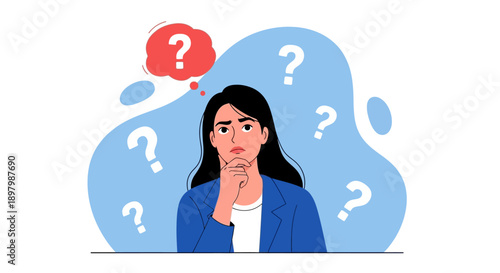 Illustration of a thoughtful woman with question marks floating around her head in a cartoon style with a puzzled mood.