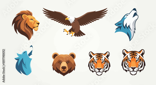 Set of funny cartoon vector animals featuring a cute baby dog, cat, and lion illustration collection for wild safari art design
