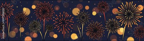 Vibrant fireworks explode against a dark night sky with soft bokeh lights