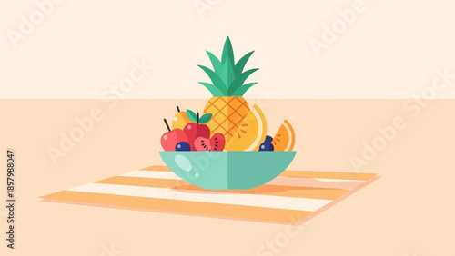 Vibrant fruit bowl with pineapple, apples, oranges, and berries on a striped mat