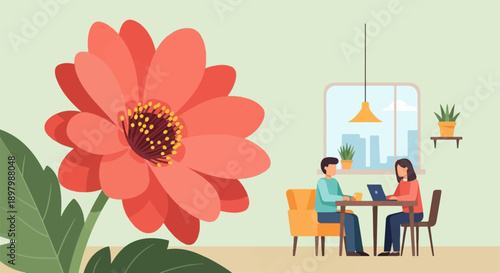 Vibrant flower indoors with people working at a cafe table