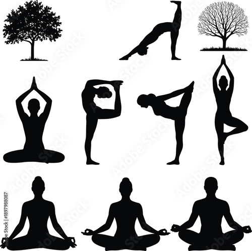 Yoga and meditation silhouettes flat vector illustration, nature balance poses, mindfulness fitness practice, spiritual wellness harmony concept