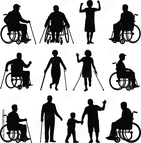 Disabled people silhouettes with wheelchair and crutches showing inclusion diversity support rehabilitation mobility flat vector illustration isolated white background