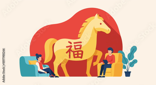 Vibrant illustration of people relaxing near a symbolic horse with Chinese characters