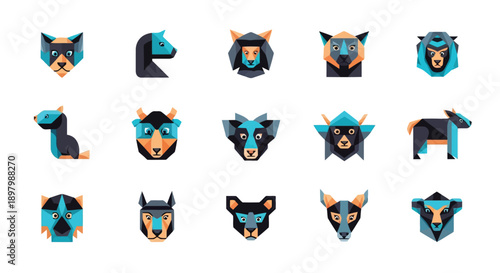 Set of abstract vector icons featuring cute cartoon black cats and kittens with Halloween symbols like bats and moons in a funny feline silhouette art style