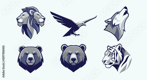 Vector illustration of a set of cute fish icons and angel wings featuring a collection of funny animal character silhouettes and pet symbols