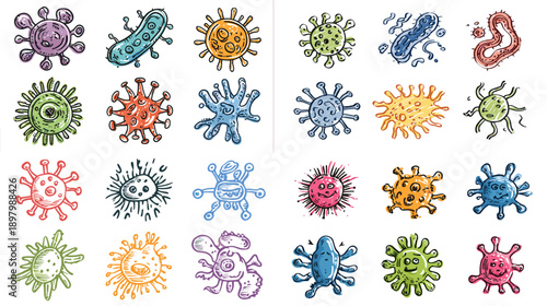 Flat style virus and bacteria icons set with diverse shapes and colors. Cartoon microbe illustrations ideal for medical infographics science projects health design and education use.